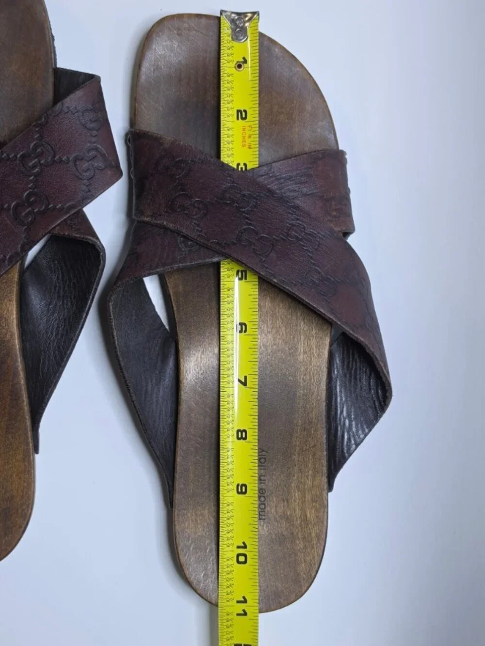 Gucci Guccissima Leather GG Monogram Wooden Cross Over Slide Sandals Sz. 9.5 USA